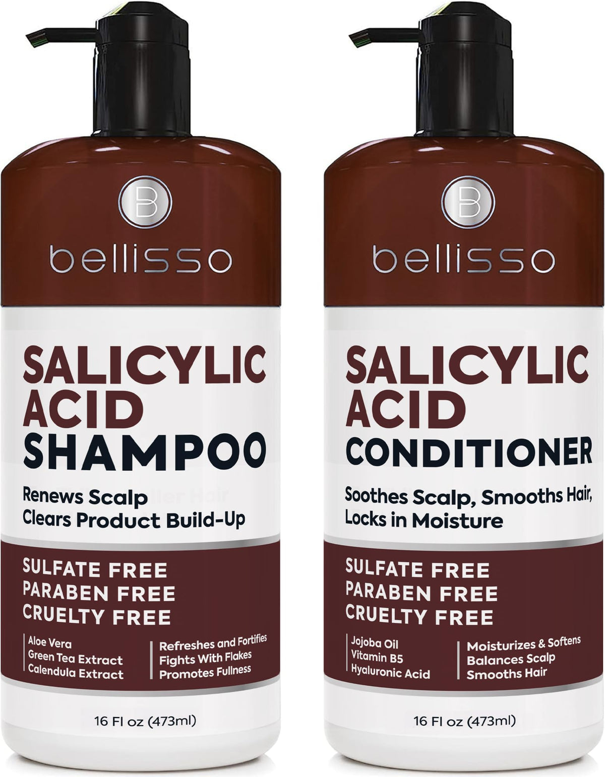 BELLISSO front packaging showing shampoo and conditioner set for clearer scalp and nourished hair