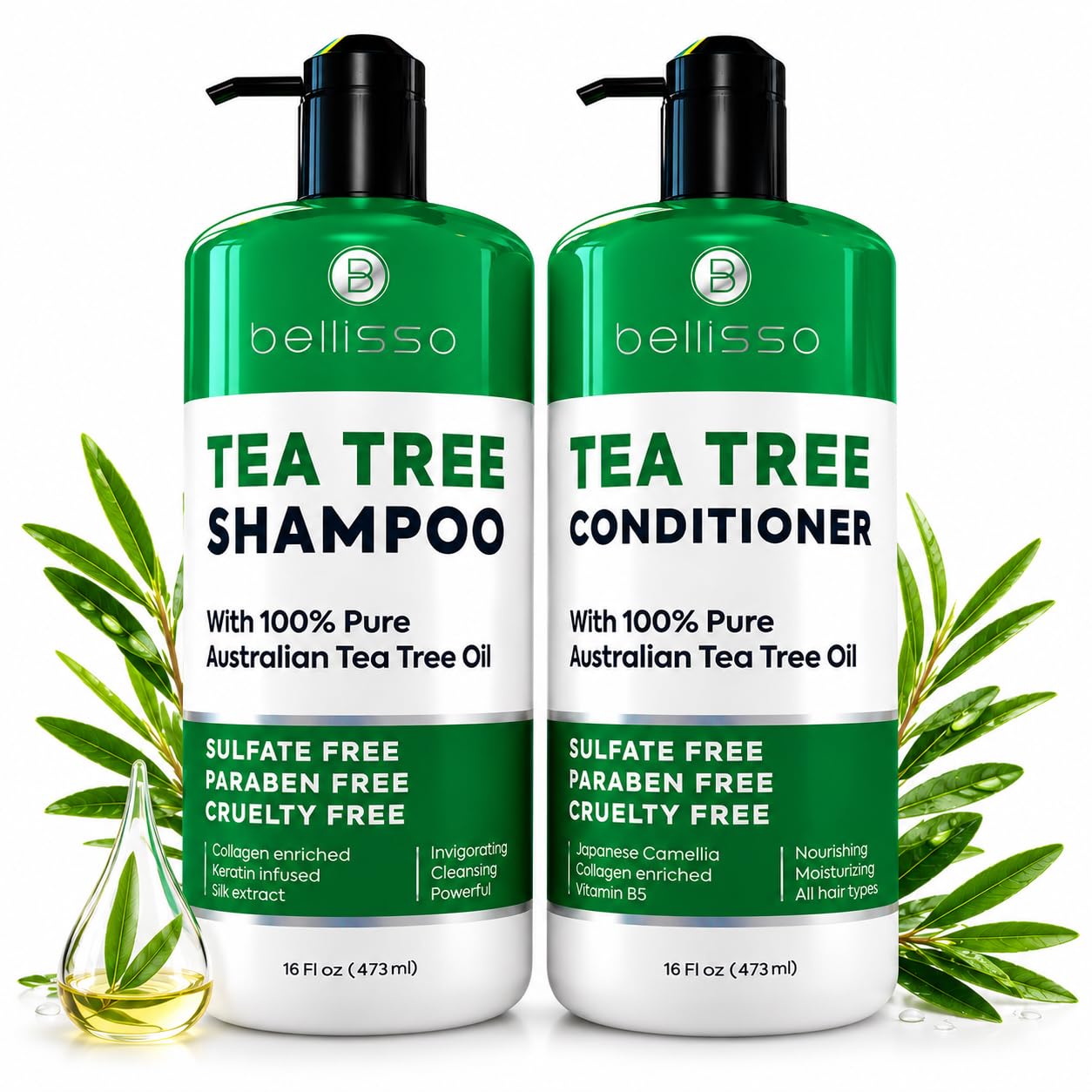 BELLISSO front packaging showing tea tree duo and calming benefits