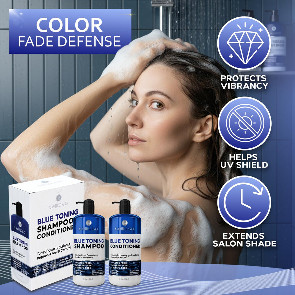 BELLISSO shampoo applied to wet hair demonstrating easy toning and cleansing benefit