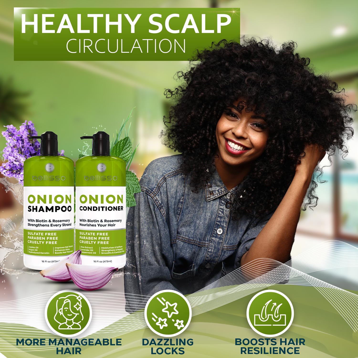 Bellisso rosemary and onion botanicals arranged to highlight natural ingredients benefit