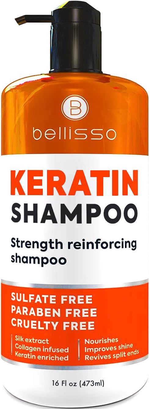 Bellisso front bottle showing label and salon-grade keratin benefits