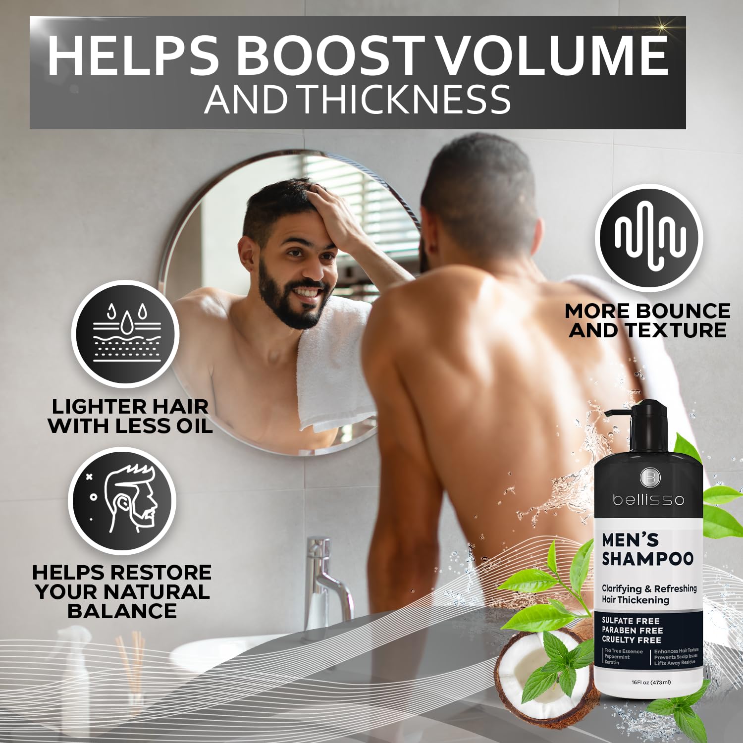 BELLISSO man washing hair demonstrating invigorating post-workout refresh