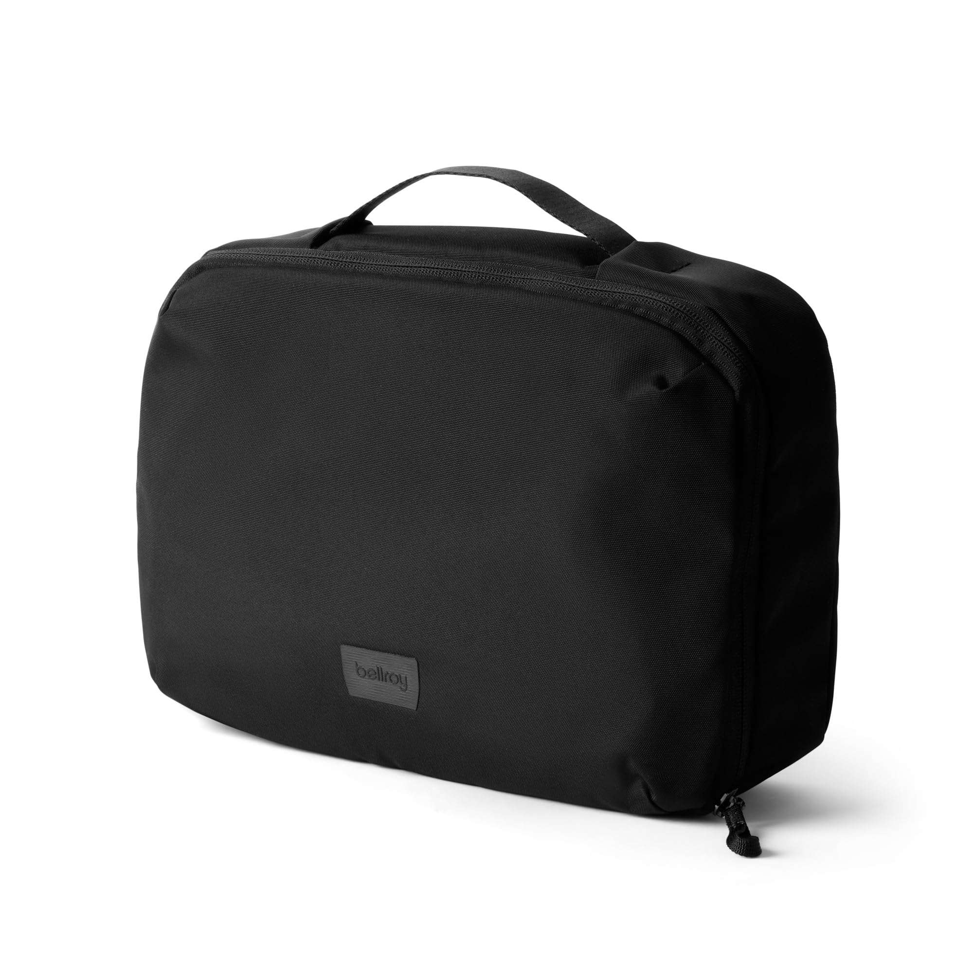 Bellroy front view of black hanging toiletry kit with neat exterior design and durability