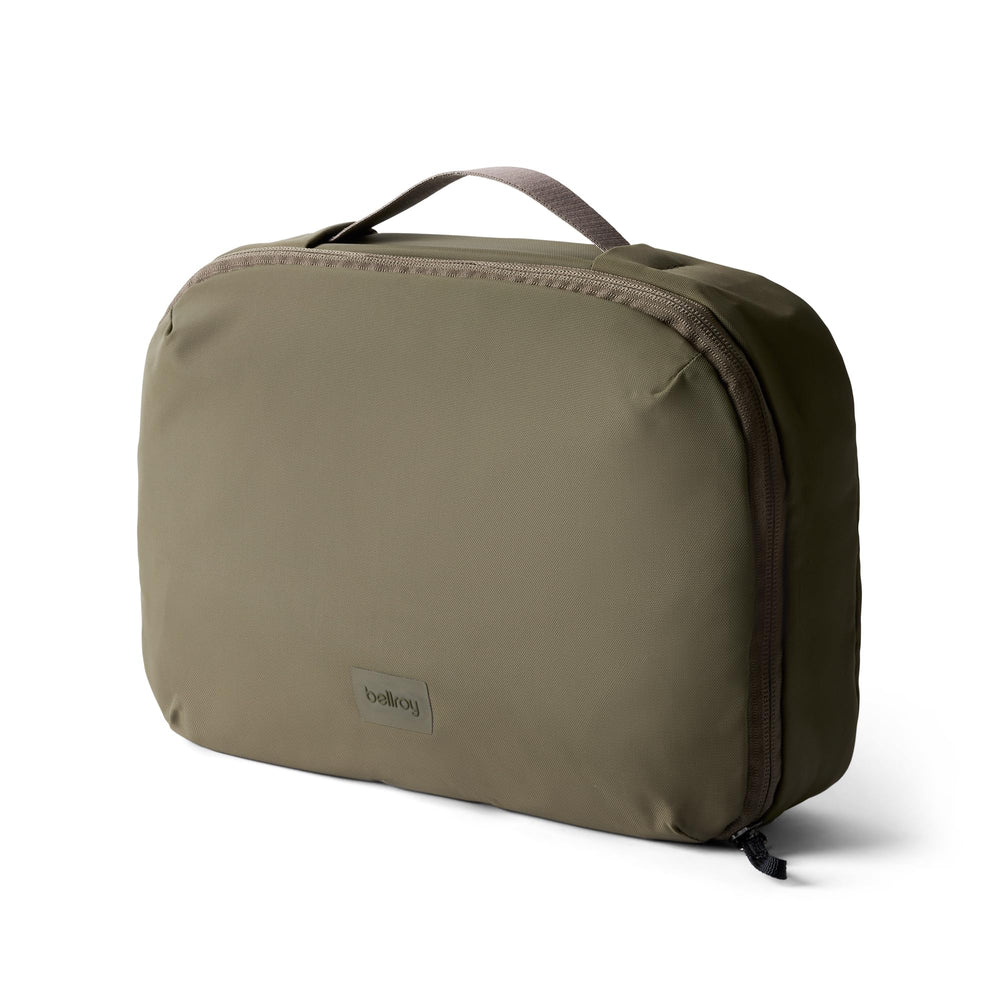 Bellroy hanging toiletry kit front view showing SeaKelp colour and compact profile