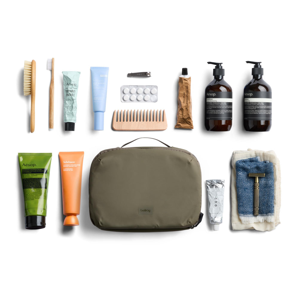 Bellroy toiletry kit on bathroom counter ready to use for organised grooming