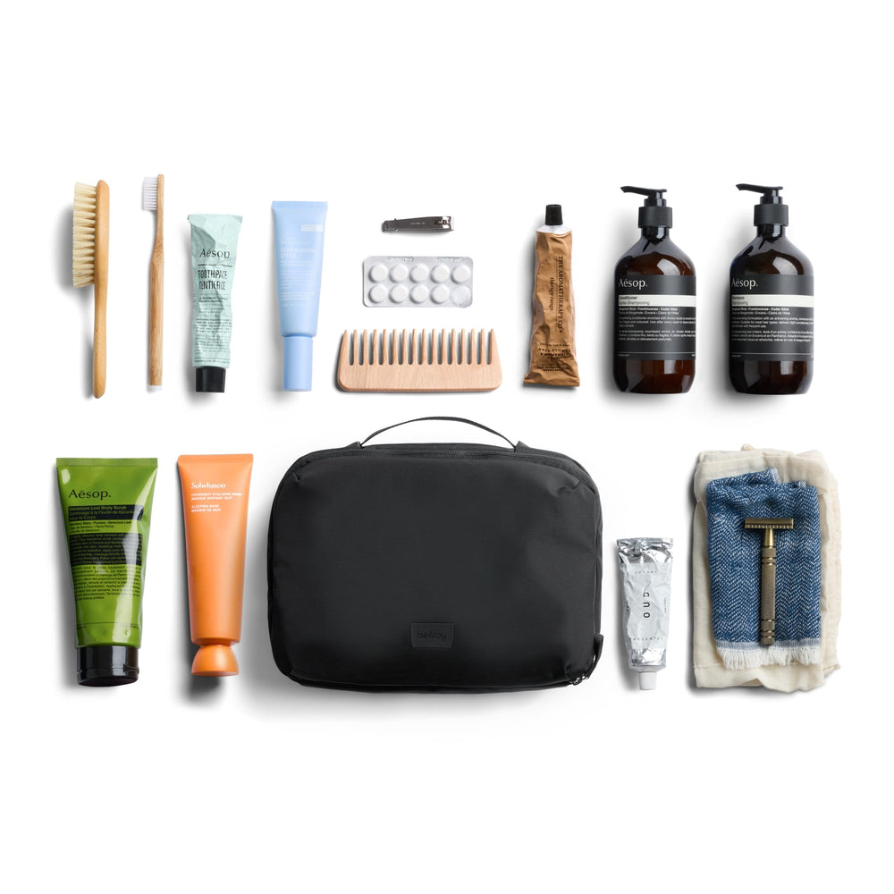 Bellroy lifestyle bathroom setup showing hanging kit freeing counter space and improving organization