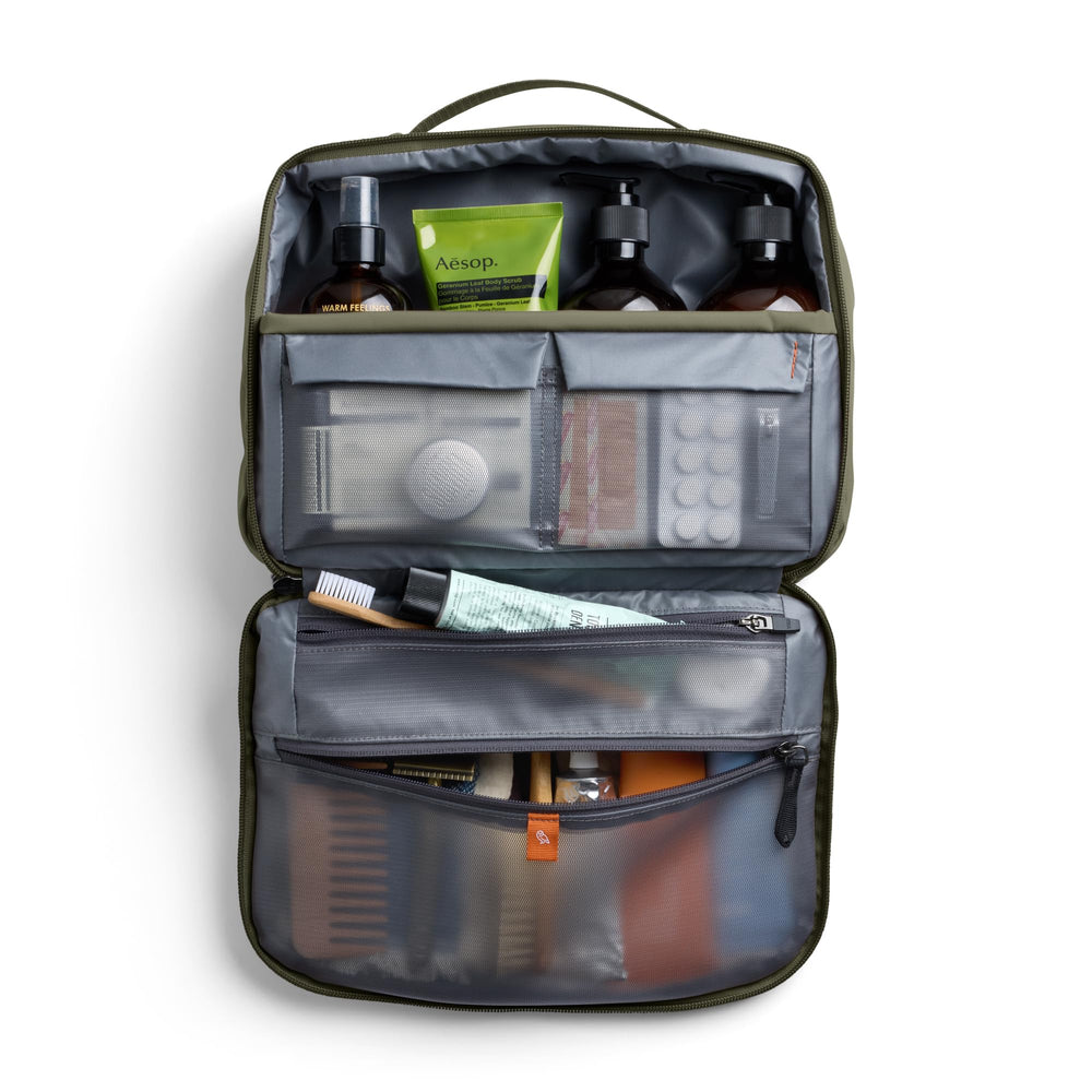 Bellroy transparent pockets with travel bottles visible for quick identification