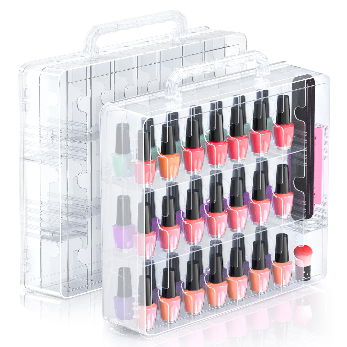 Beloving front view of clear organizer showing neat bottles and quick selection benefit