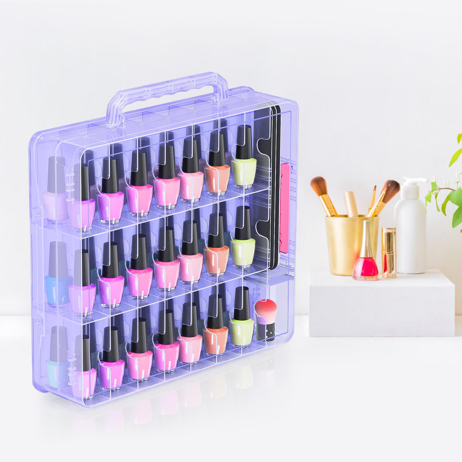 Beloving on a vanity with tools showing tidy, professional-looking storage benefit
