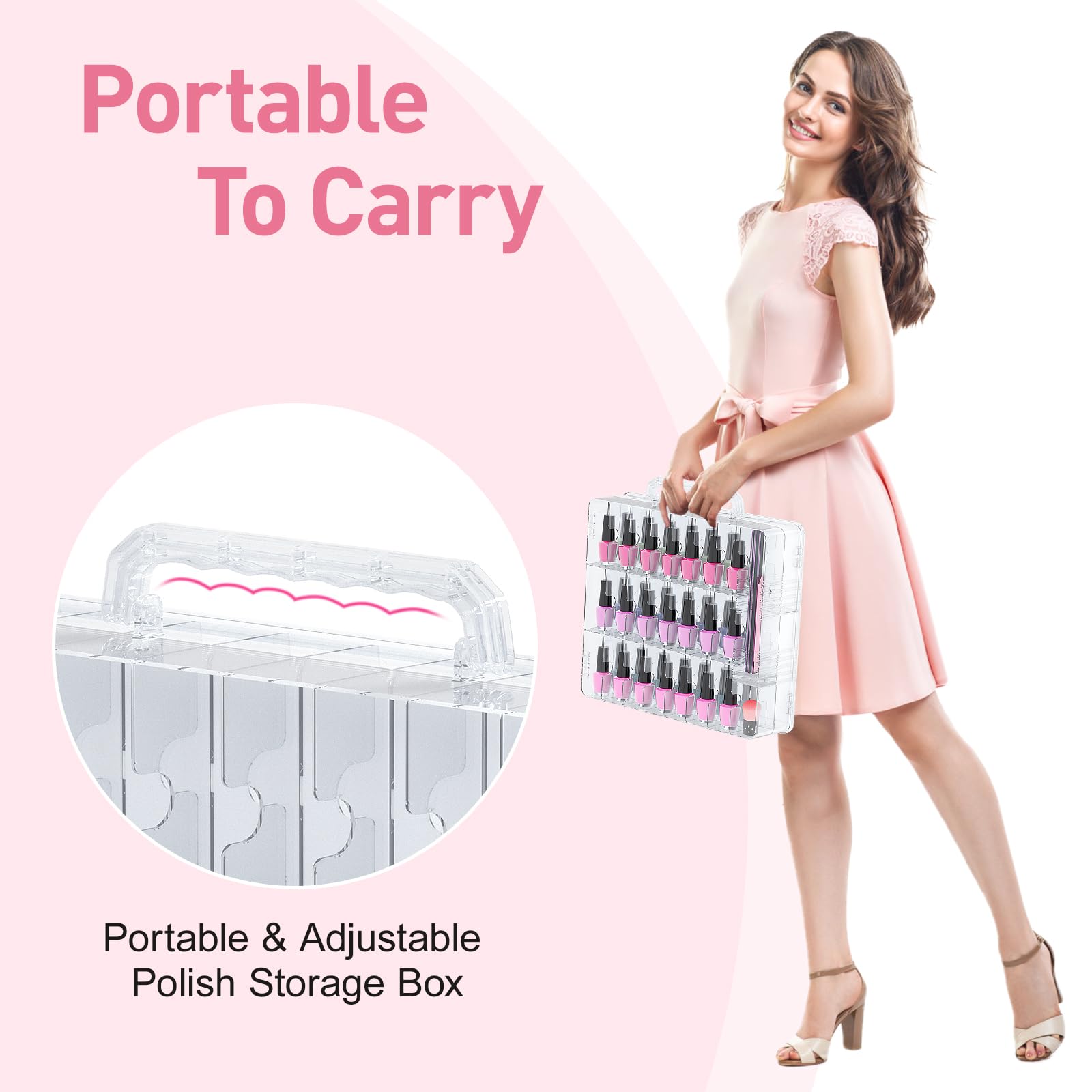 Beloving organizer beside standard polish bottles showing scale and space-saving benefit