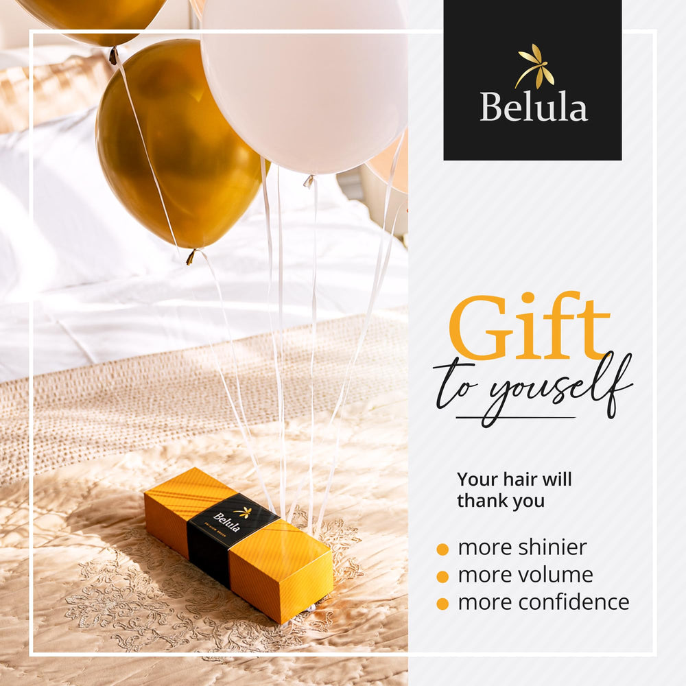 Belula before and after shine comparison showing increased gloss and reduced frizz