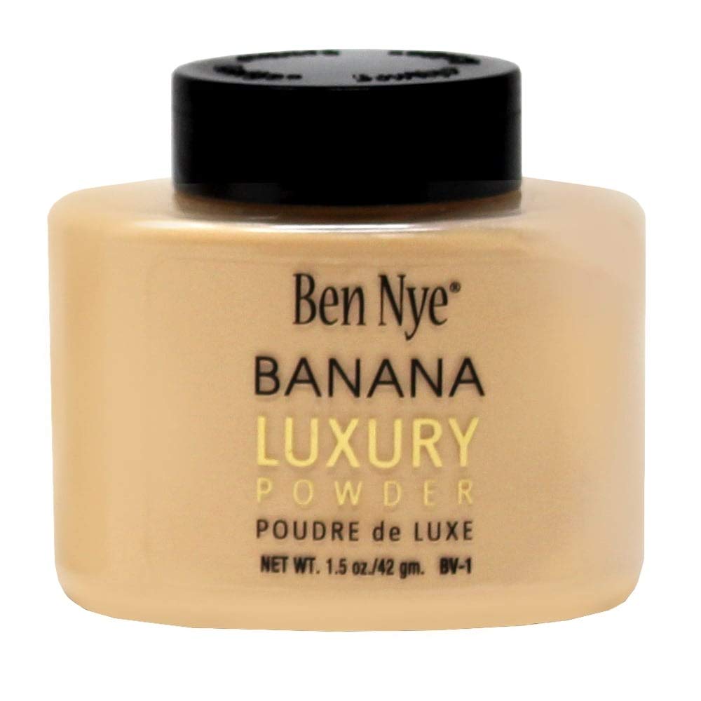 Ben Nye banana powder jar front view showing packaging and even finish benefit