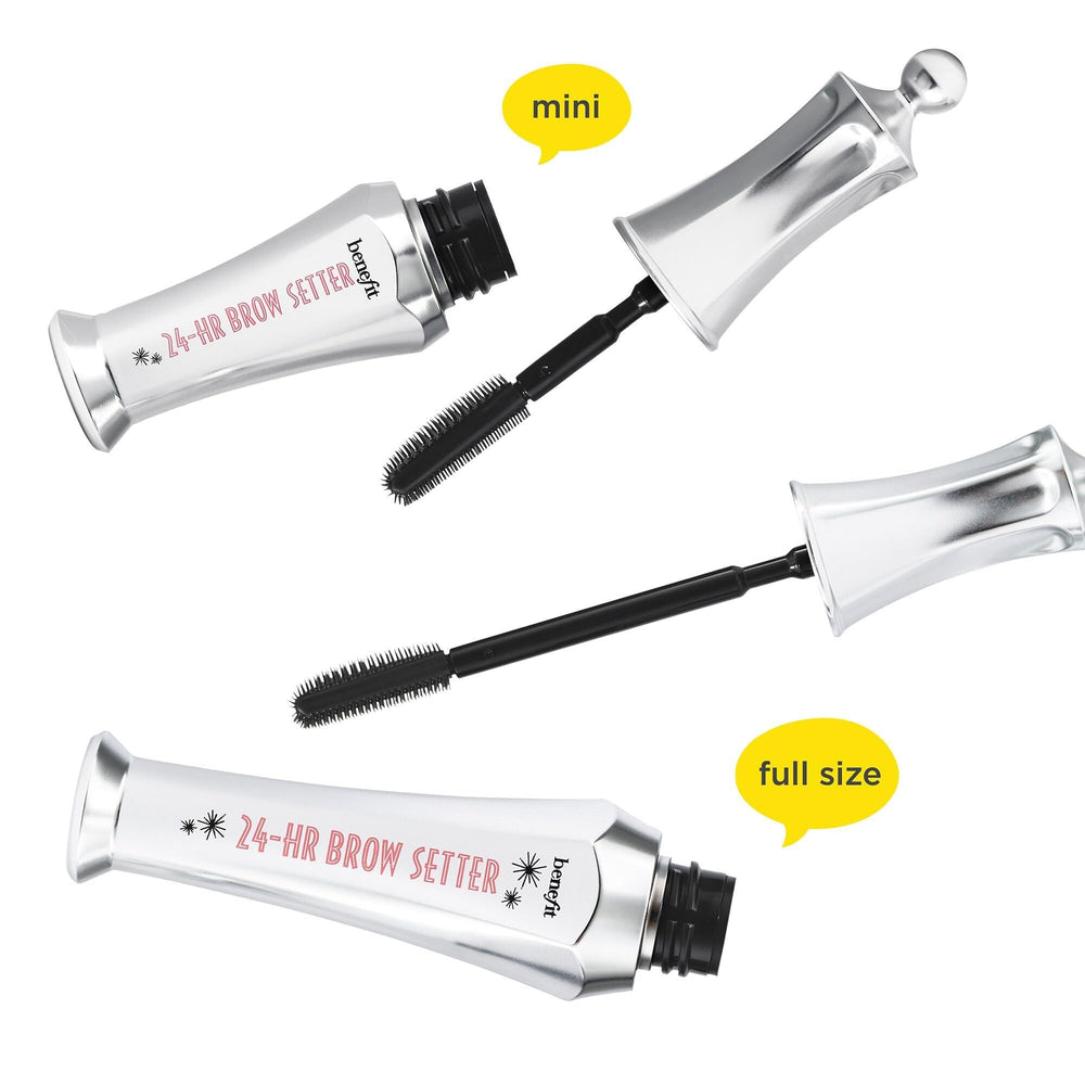Benefit application step showing wand brushing brows for lamination effect