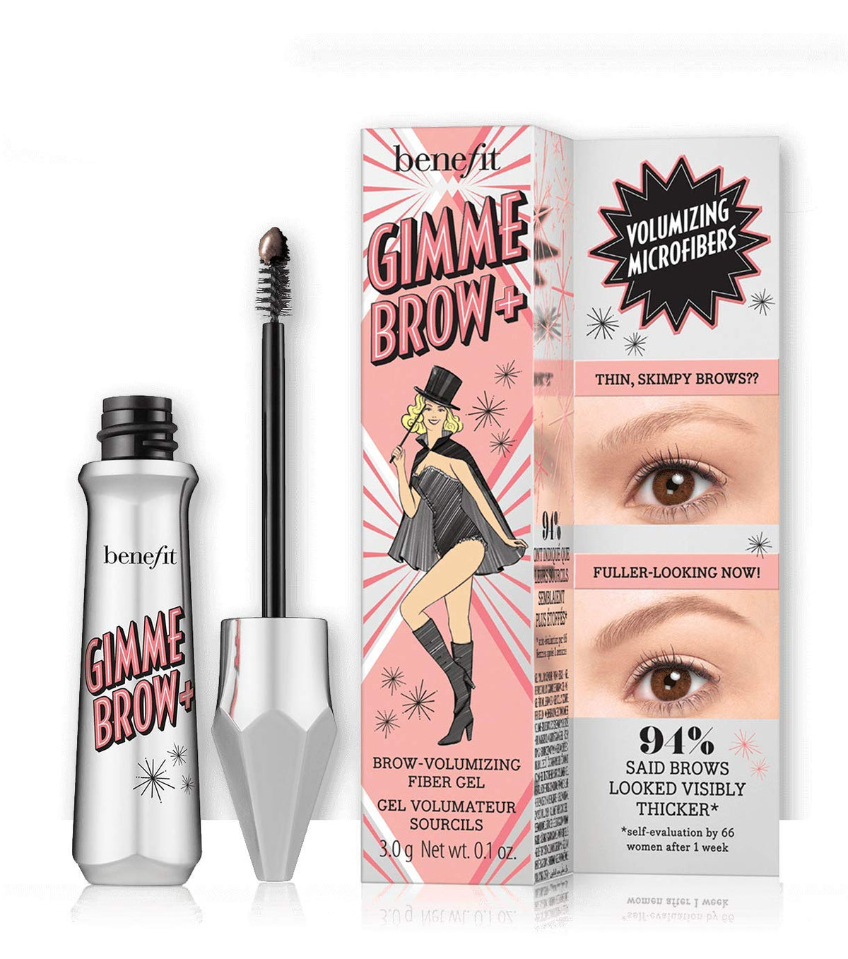Benefit Gimme Brow+ front packaging showing shade and compact wand for precise application