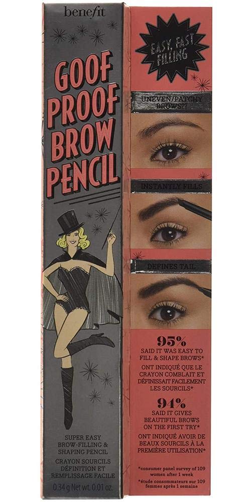 Benefit pencil next to ruler and box showing compact size and contents