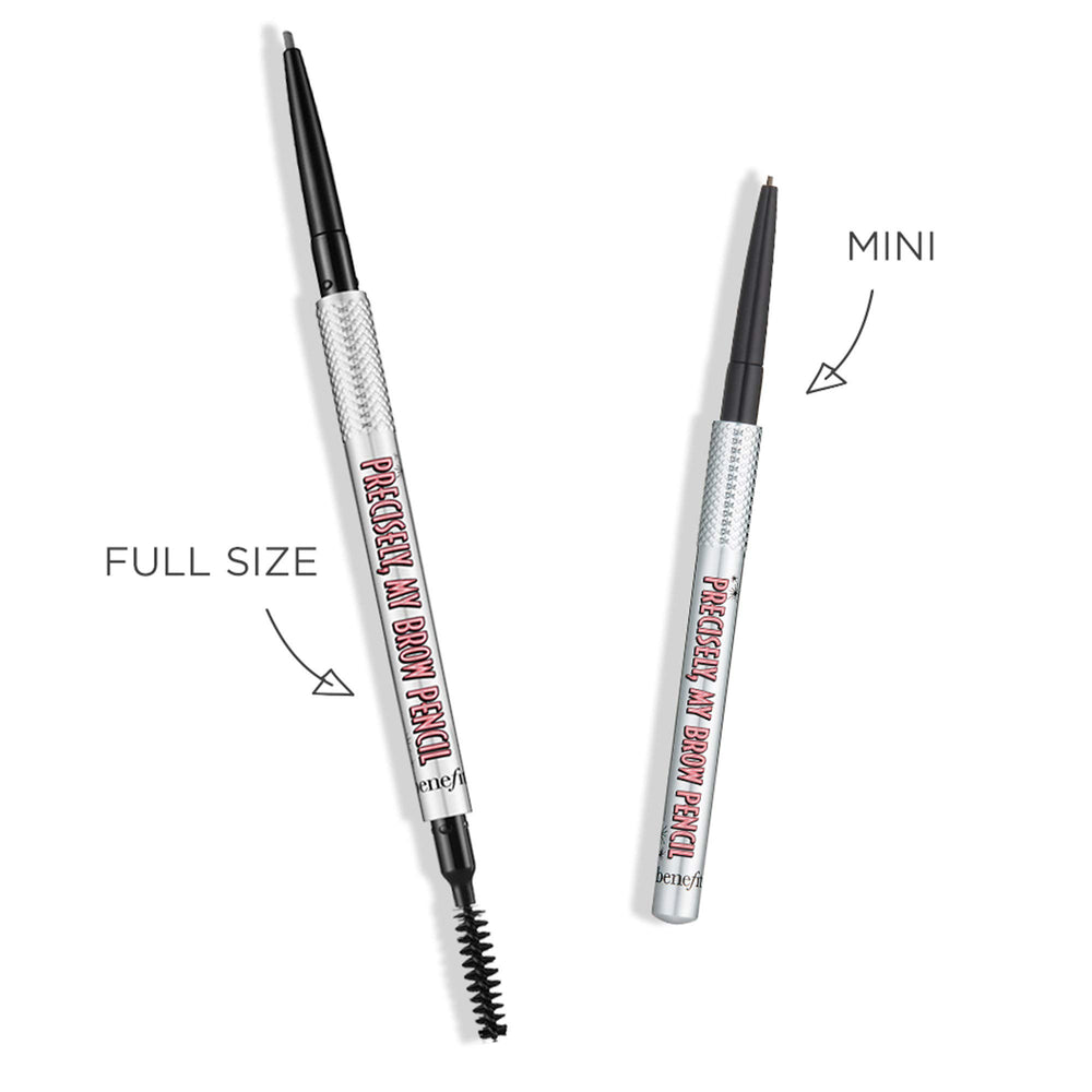 Benefit pencil held in hand to show compact size and travel-friendly convenience