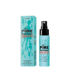Benefit Super Setter mist in use spraying microfine mist over finished makeup for long wear