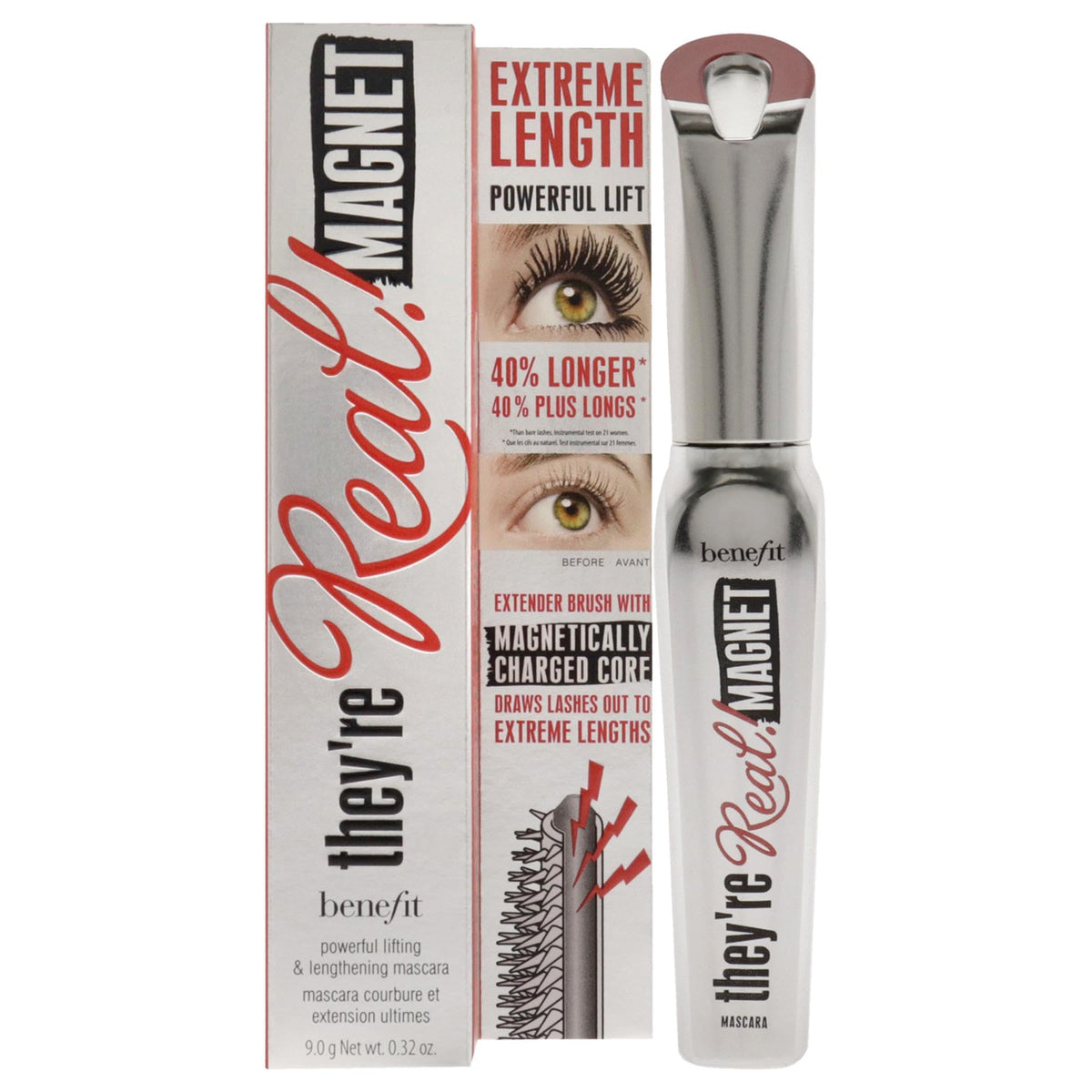 Benefit they're real mascara front view showing sleek tube and clear labeling for easy storage