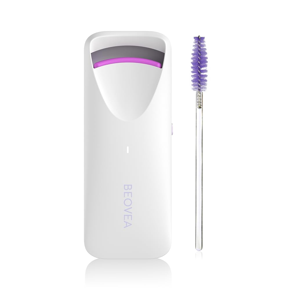 BEOVEA front view showing compact heated eyelash curler and benefits portability