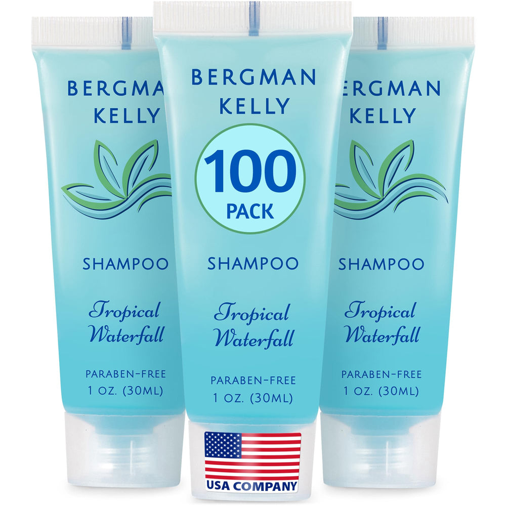 BERGMAN KELLY front packaging showing 100-pack and Tropical Waterfall scent benefit convenience