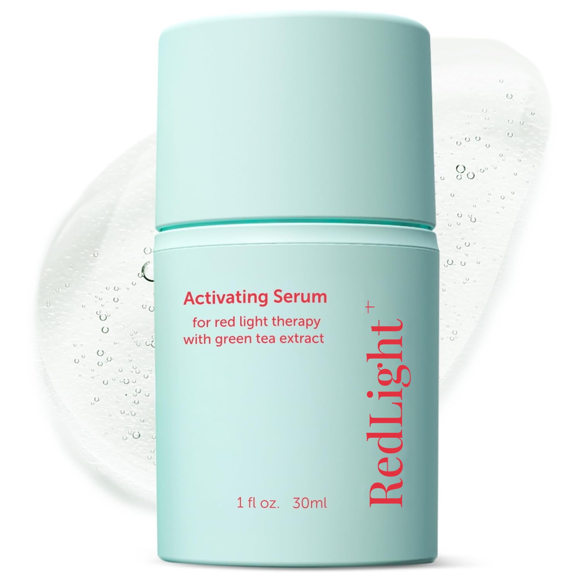 Berkland front bottle shot showing matcha red light activation serum and measured pump benefit