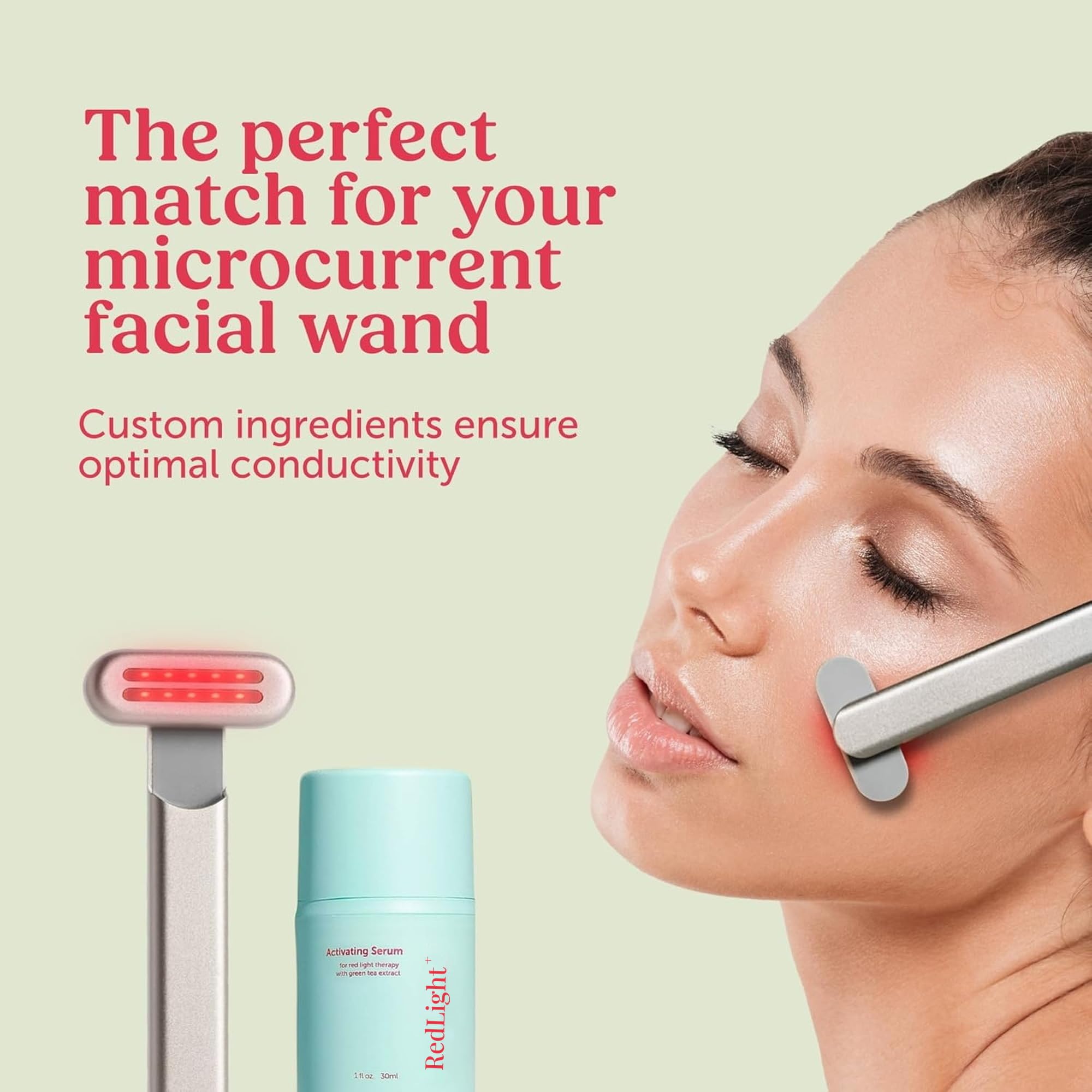 Berkland serum being applied with a red-light wand showing smooth glide benefit