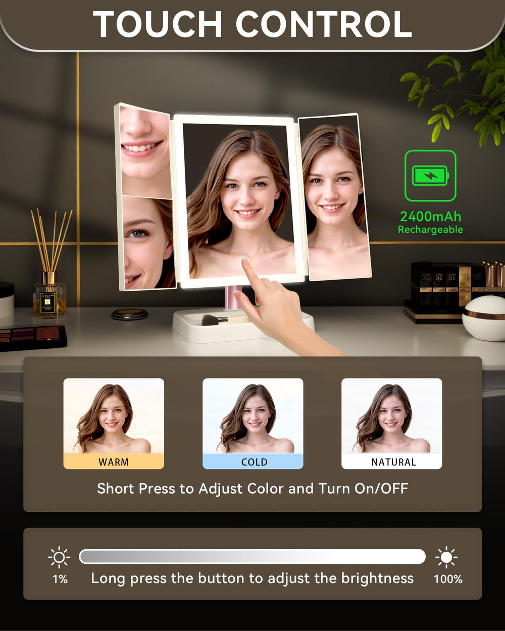 BERTHALESS open mirror with LEDs on showing adjustable color temperature
