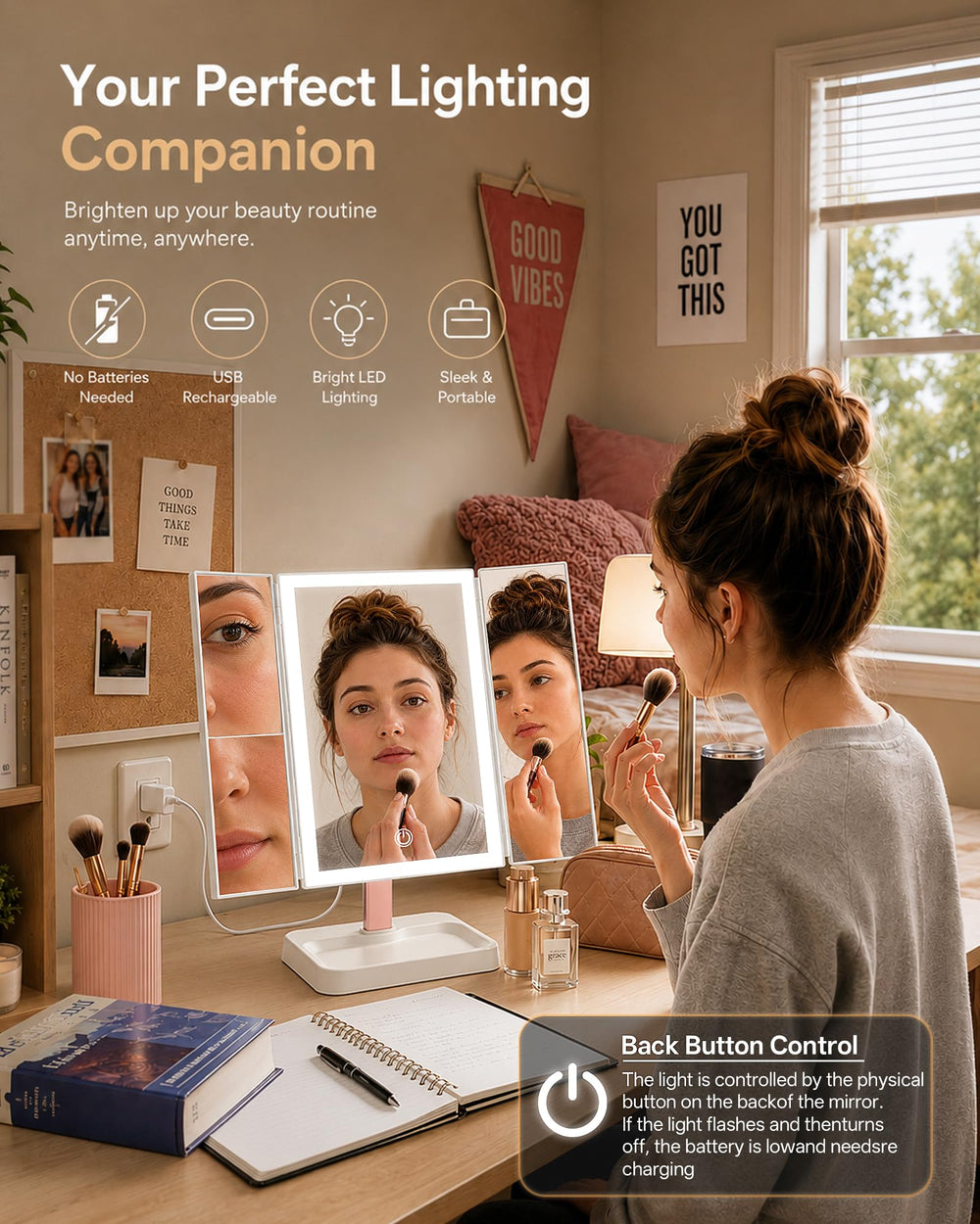 BERTHALESS mirror held in hand to show compact size and portability