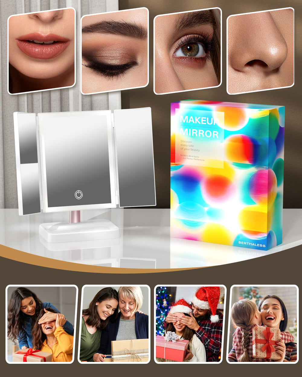 BERTHALESS folded mirror packed inside a suitcase for travel convenience