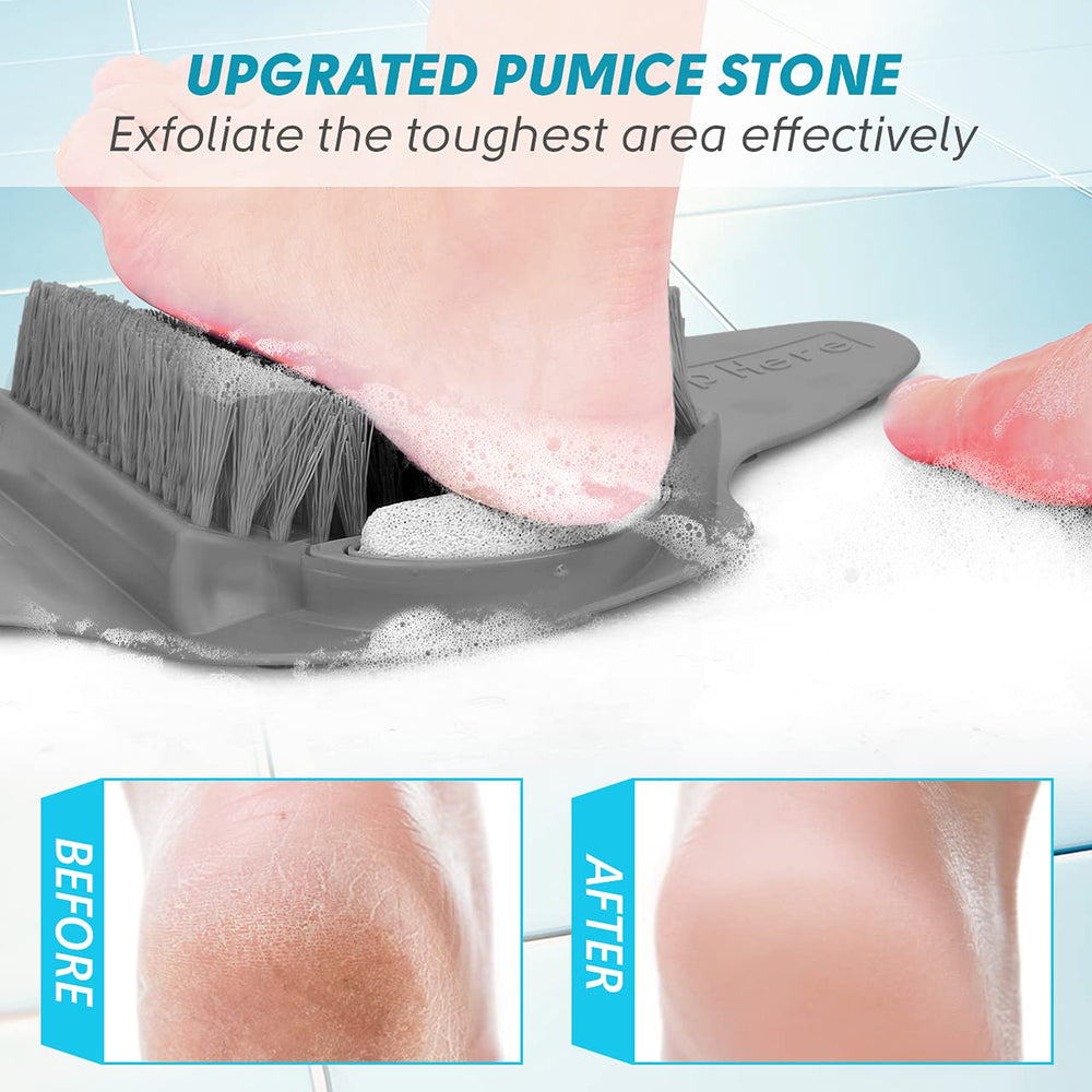 BESKAR mat in shower being used to exfoliate and massage foot hands-free