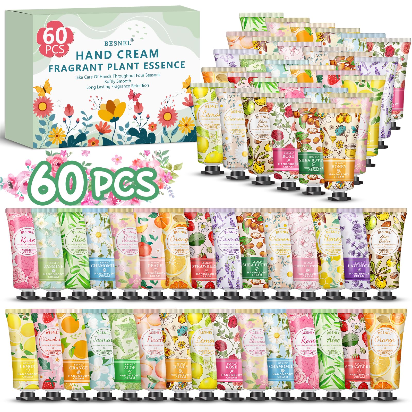 BESNEL front packaging collection showing sixty mini hand cream tubes and variety benefits
