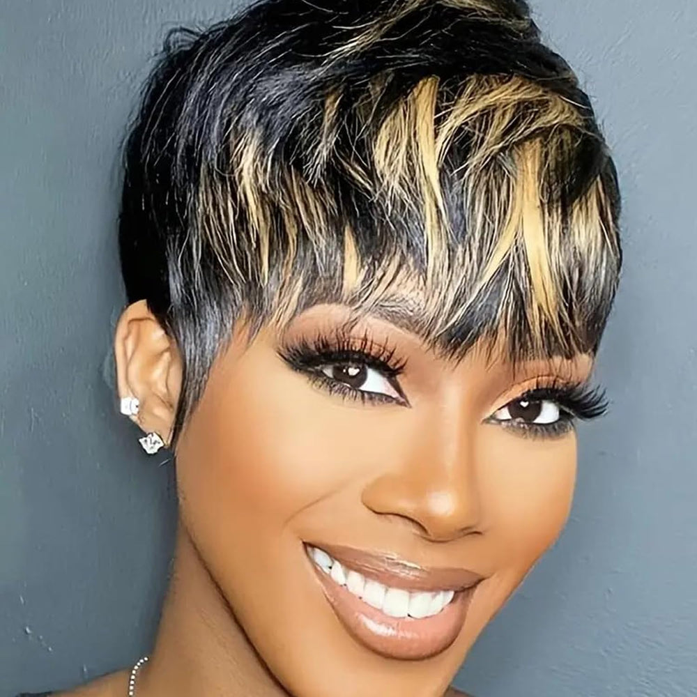 Besteffie lifestyle model wearing pixie wig for effortless everyday style