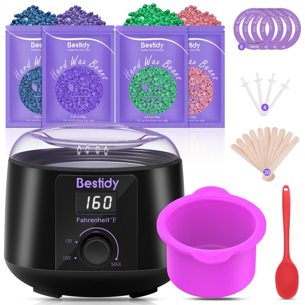 Bestidy front view of complete waxing kit showing included pieces and convenience