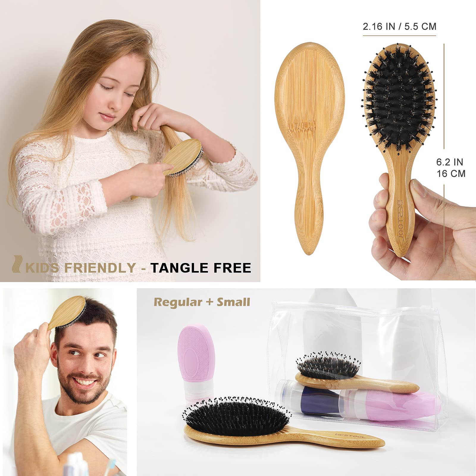 BESTOOL size comparison in hand demonstrating compact portable brush for travel