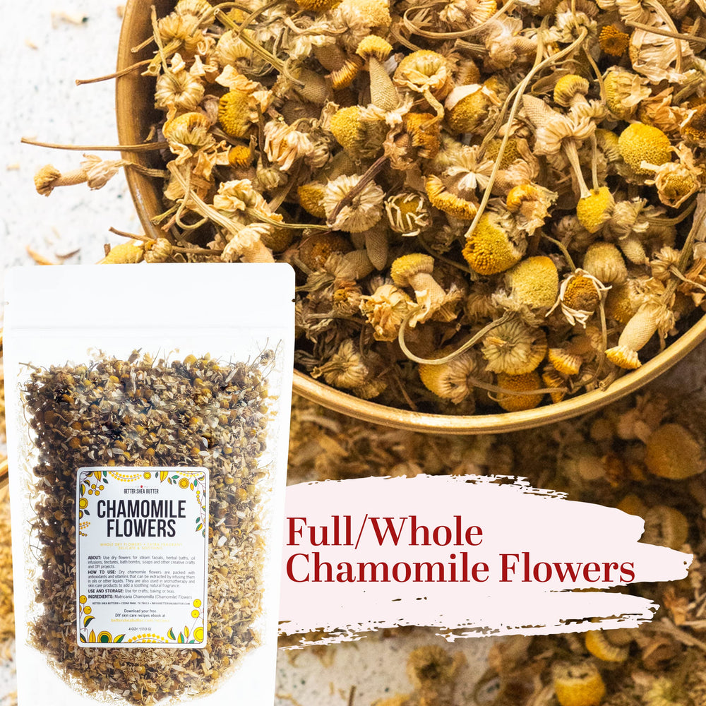 Better Shea Butter close-up of whole chamomile flower texture highlighting natural petals and purity