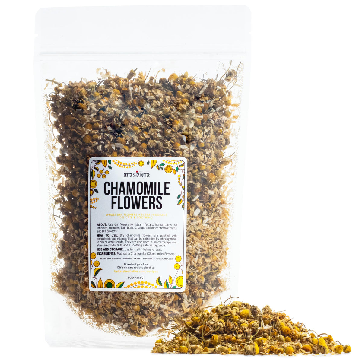 Better Shea Butter front packaging of dried chamomile flowers showing brand and resealable pouch benefits
