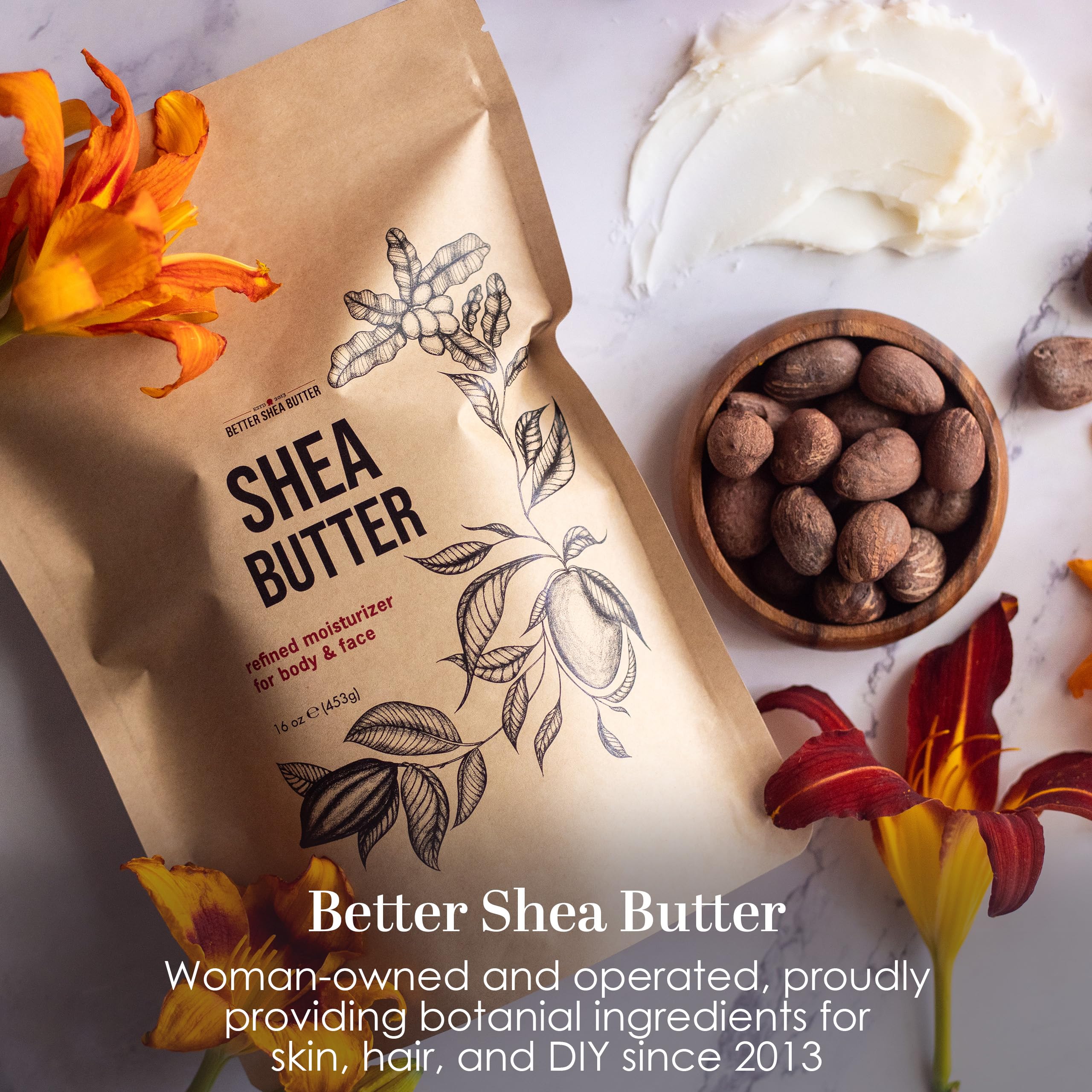 Better Shea Butter beside an 8 oz scale for clear size and portion understanding benefit