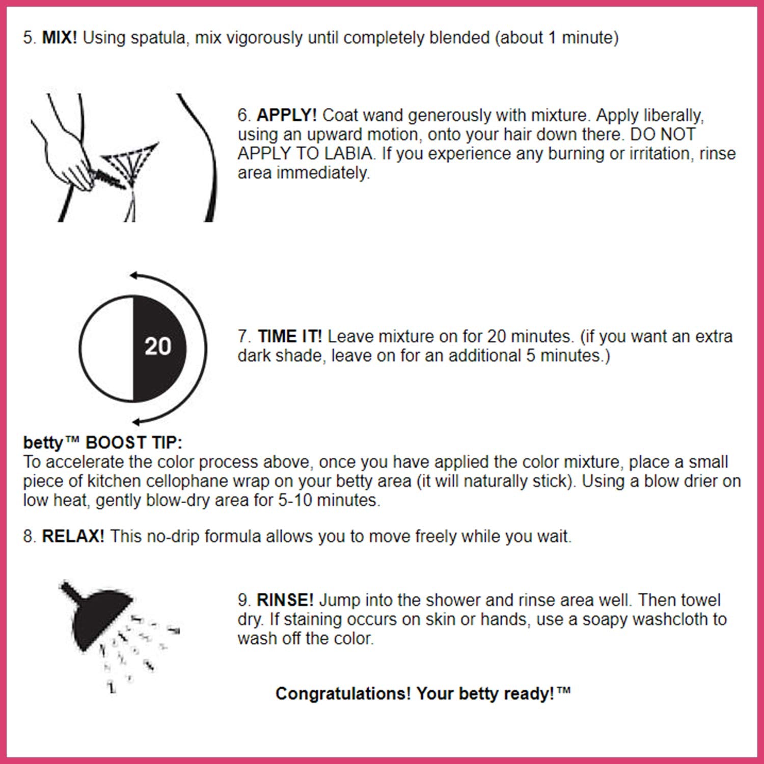 Visual step-by-step application graphic from Betty Beauty illustrating safe, simple at-home tinting