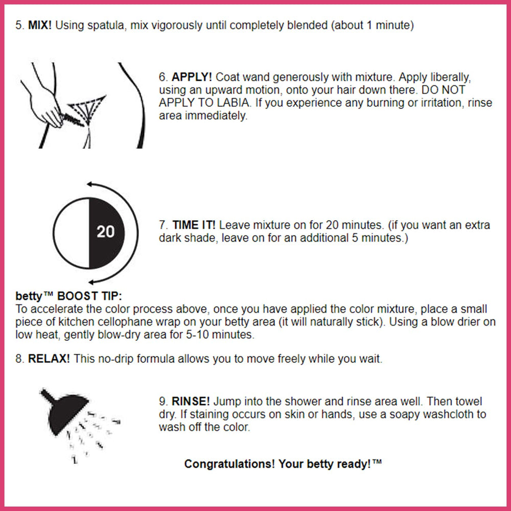Visual step-by-step application graphic from Betty Beauty illustrating safe, simple at-home tinting