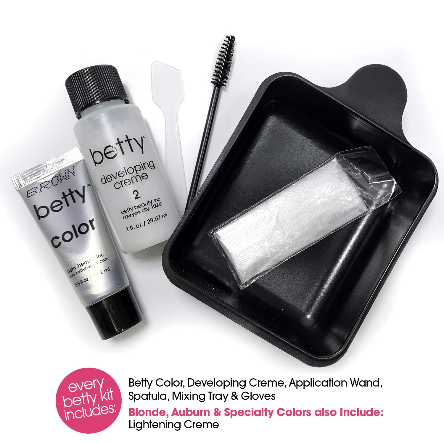 Betty Beauty kit contents laid out to show applicator, color tube, and instructions for easier use