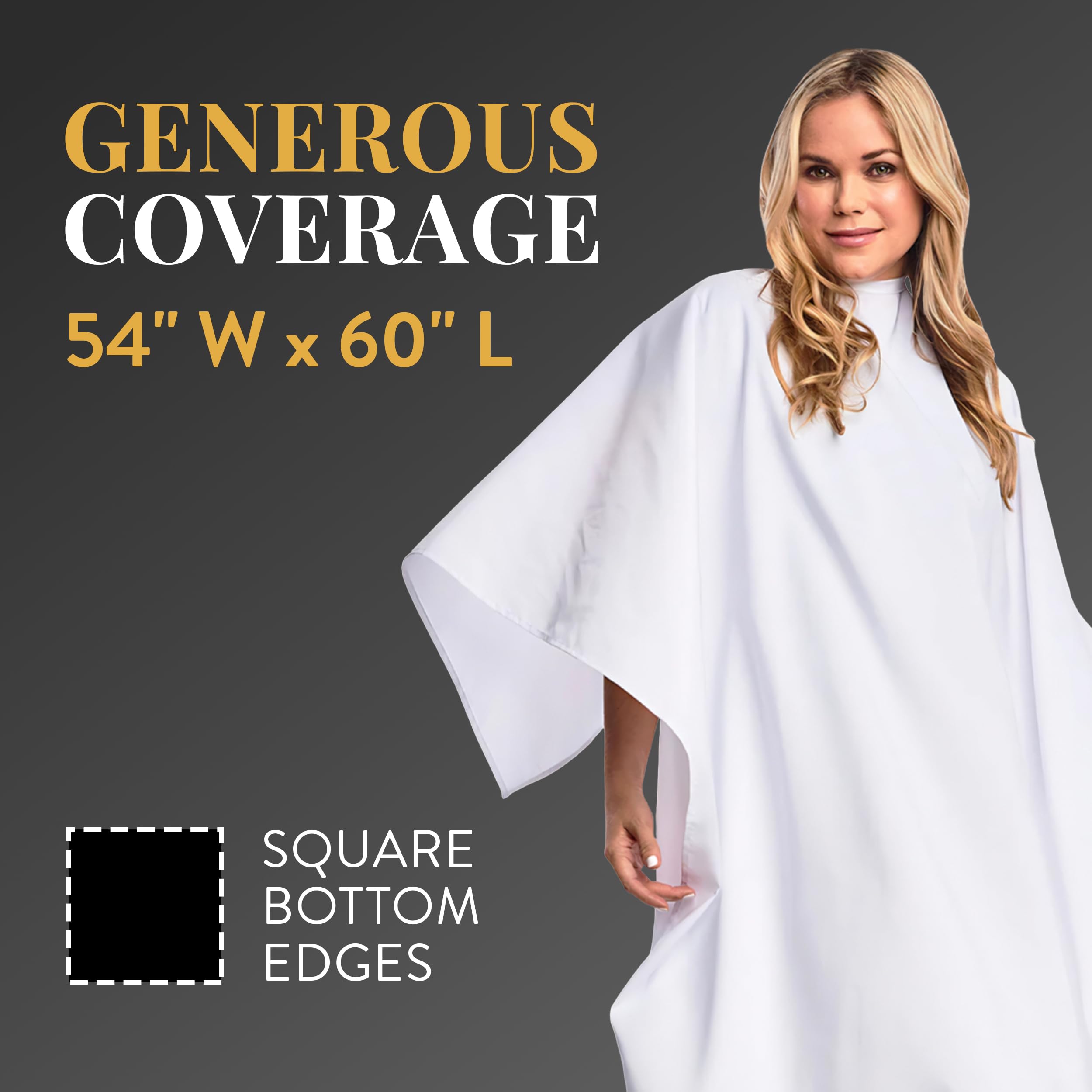 Betty Dain draped over salon chair demonstrating generous 54x60 coverage