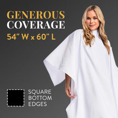 Betty Dain draped over salon chair demonstrating generous 54x60 coverage