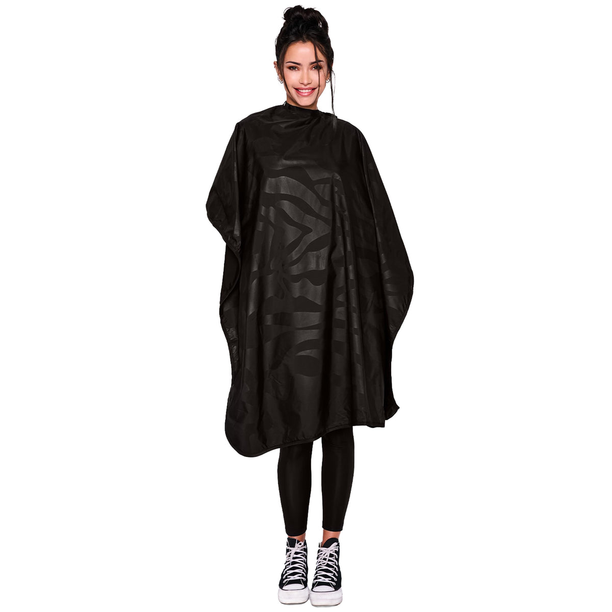 Betty Dain front view of black cape showing full coverage and professional look