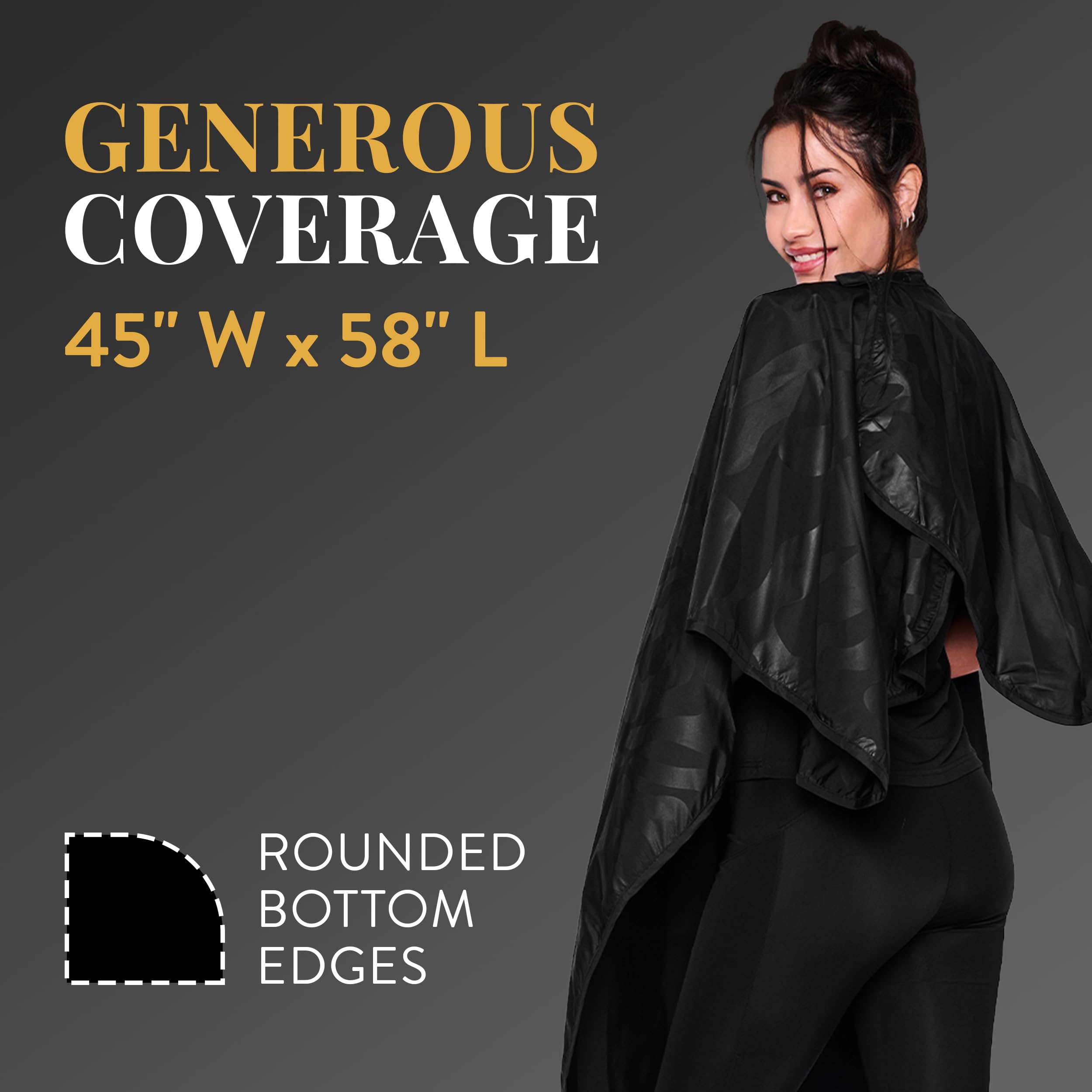 Betty Dain full-size cape on model showing generous 45x60 inch coverage