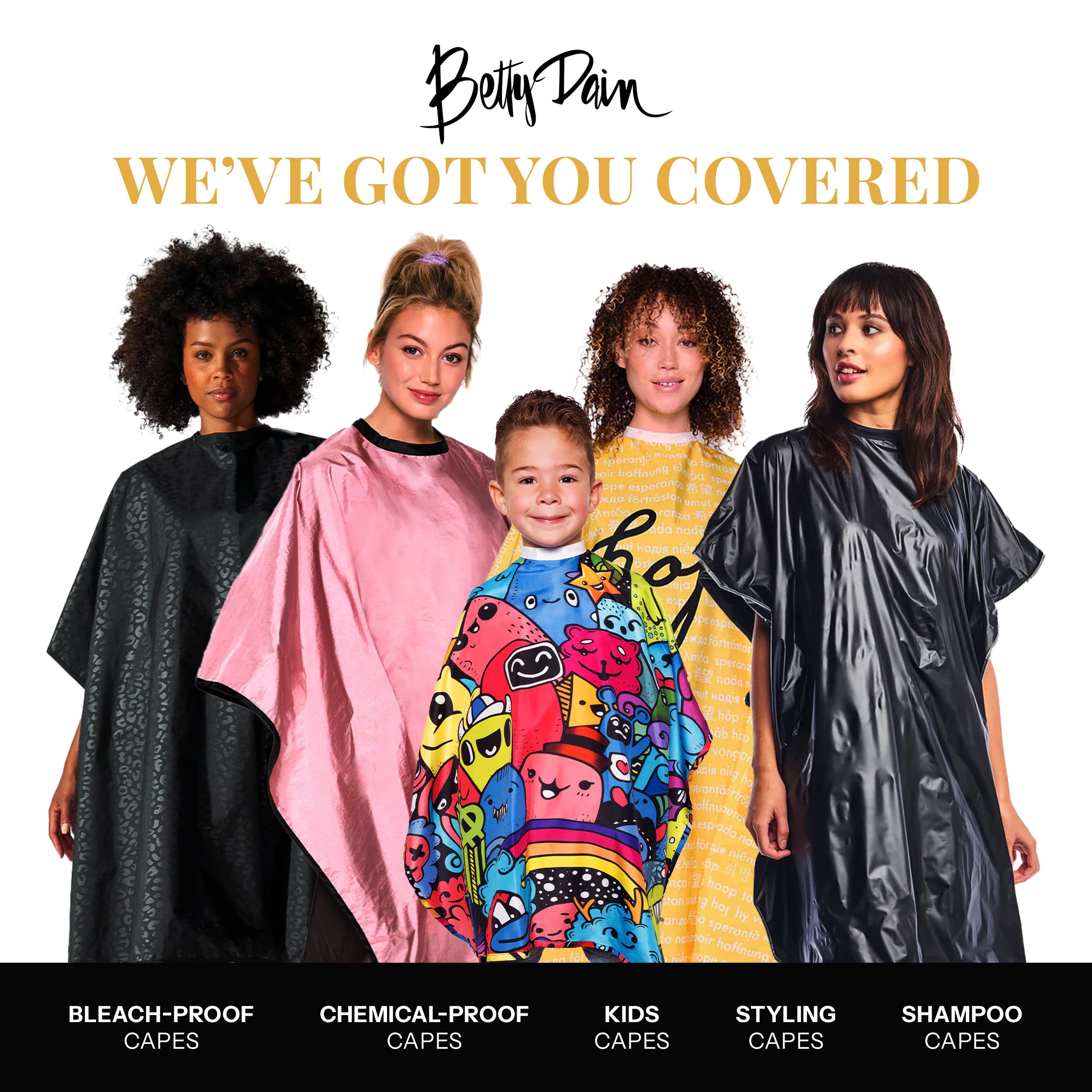 Betty Dain cape worn in salon setting showing professional use and protection