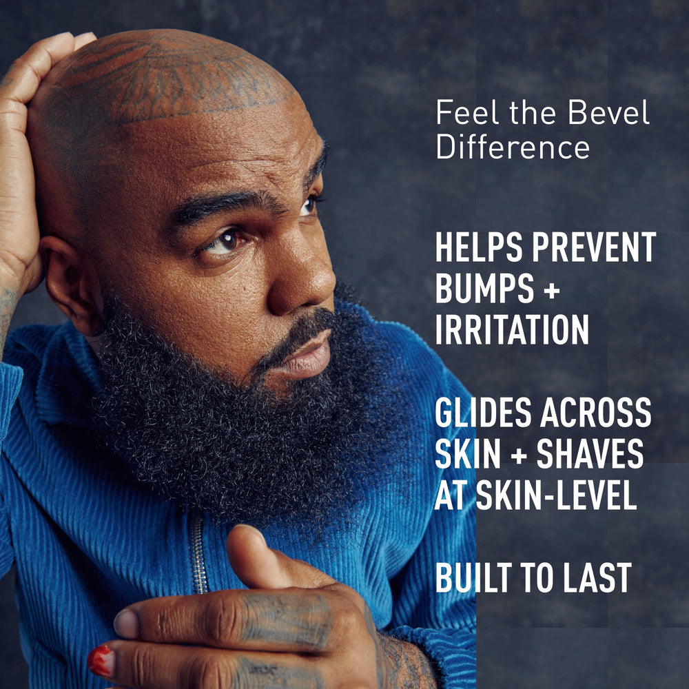 Bevel razor head and blade closeup highlighting precise blade exposure for safer shaves