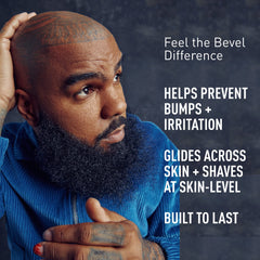 Bevel razor head and blade closeup highlighting precise blade exposure for safer shaves