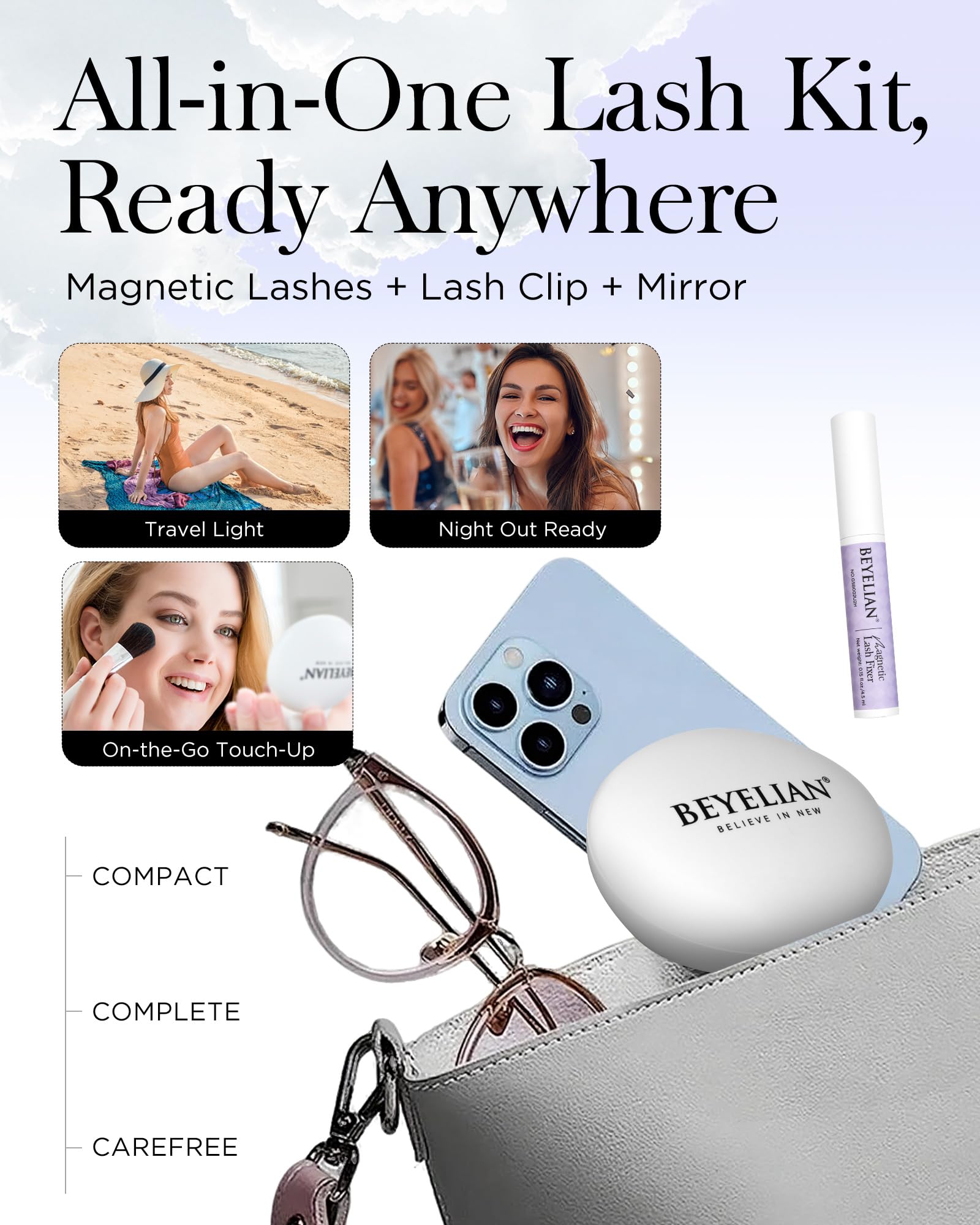 BEYELIAN magnetic strip detail highlighting secure, glue-free hold benefit
