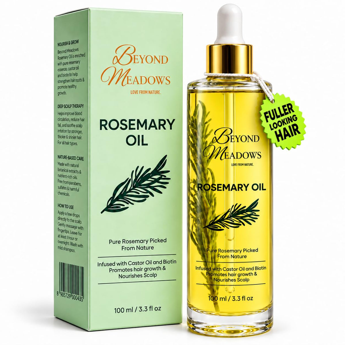 Beyond Meadows front bottle showing rosemary oil and volume benefit