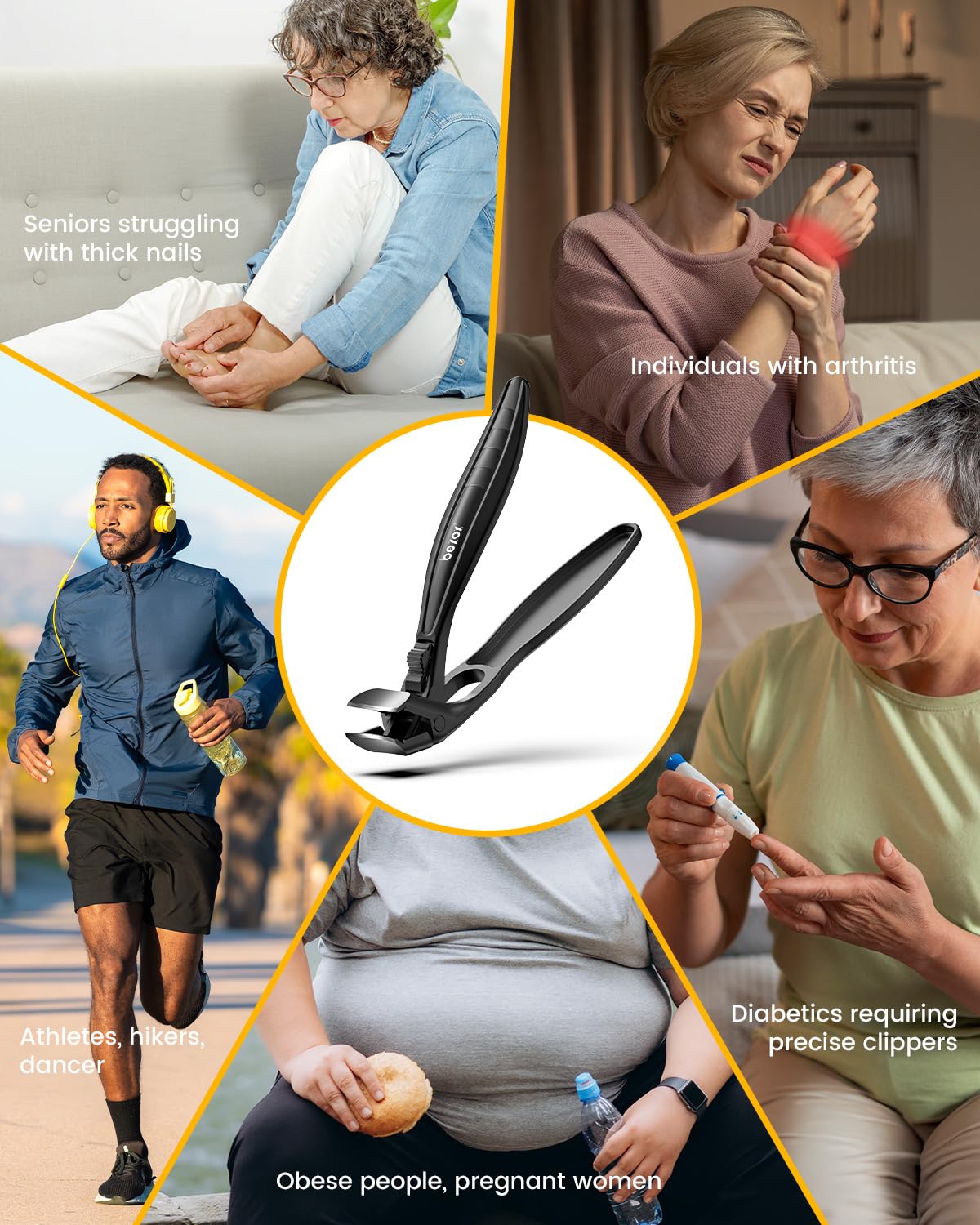 BEZOX in use during senior foot care improving reach and comfort while trimming